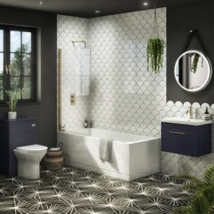 Arezzo Straight Square Shower Bath w. Brushed Brass Pivot Screen