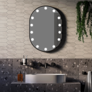 Arezzo Bulb 500 x 700mm Capsule Matt Black LED Illuminated Mirror with Motion Sensor + Anti-Fog