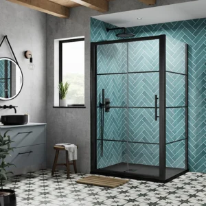 Hudson Reed Matt Black 1400 x 900mm Sliding Door Shower Enclosure + Black Tray