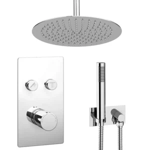 Cruze Round Push-Button Ceiling Mounted Shower Pack (with Handset + Rainfall Shower Head)