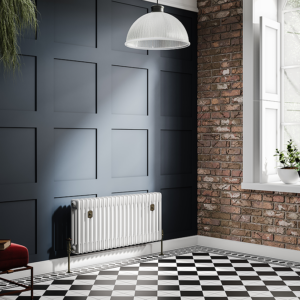 Chatsworth 450 x 1010mm Cast Iron Style 3 Column White Radiator - Matt Black Wall Stay Brackets and Thermostatic Valves