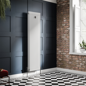 Chatsworth 1800 x 470mm Cast Iron Style 3 Column White Radiator - Matt Black Wall Stay Bracket and Thermostatic Valves